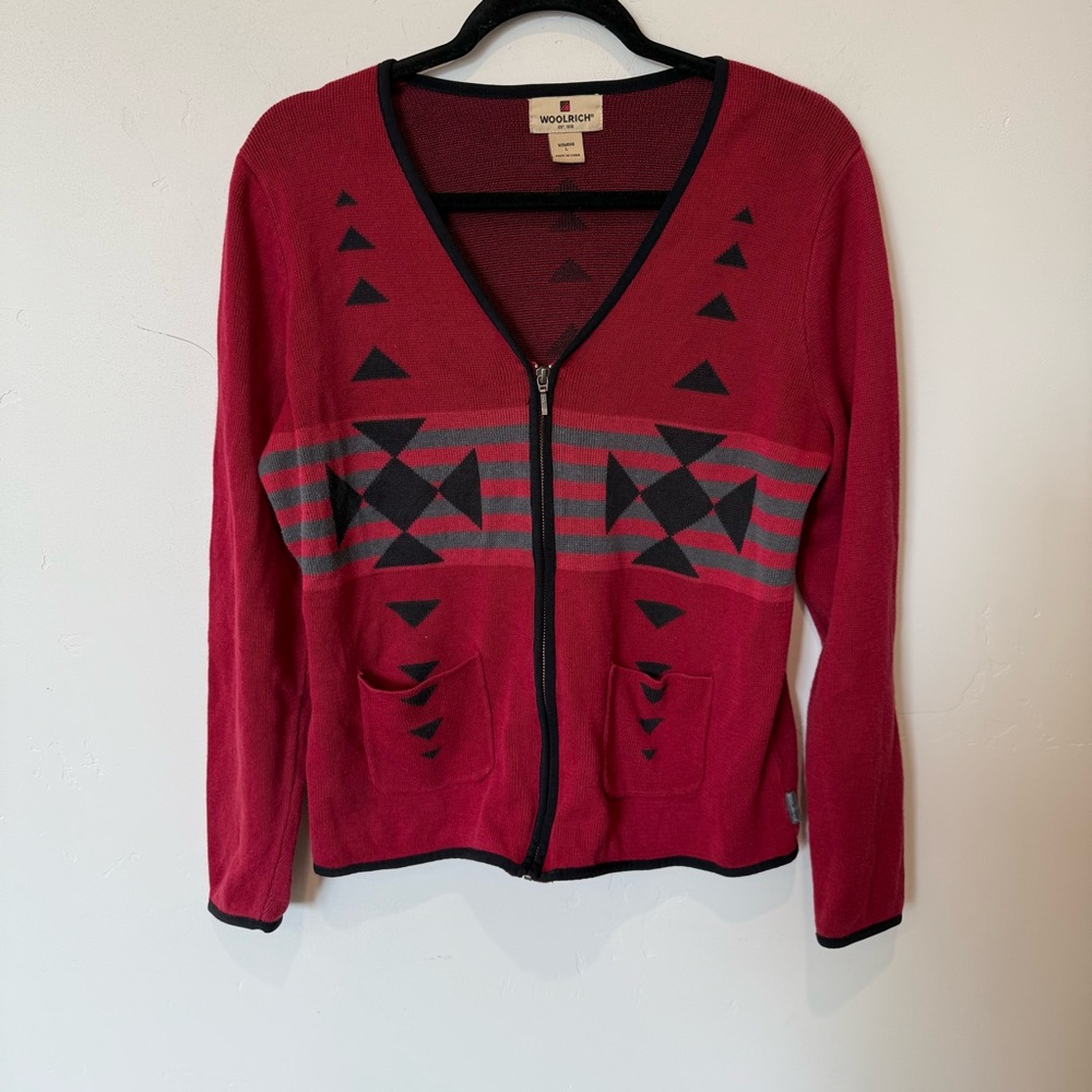 Woolrich Red Women's Cardigan Sweater Size Large Ramie Cotton Holiday Christmas